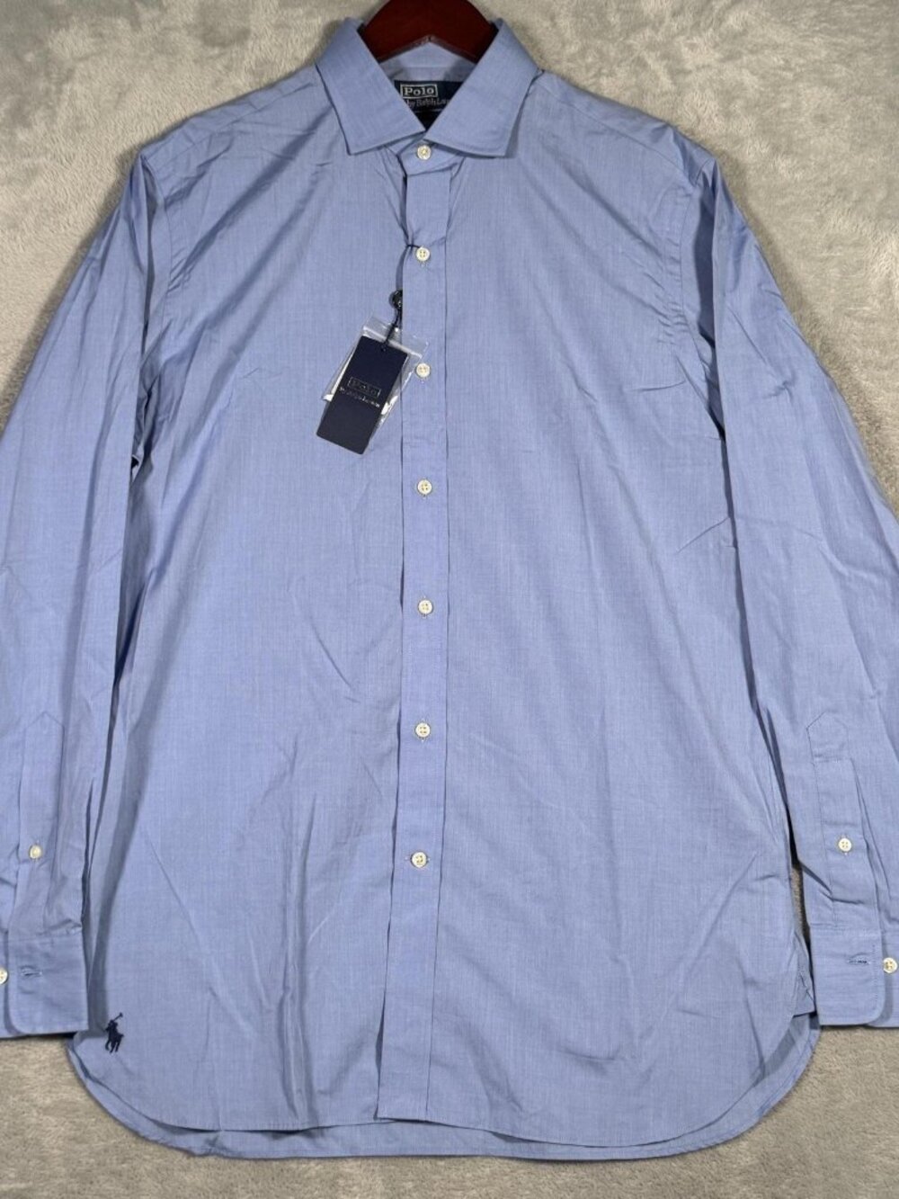 Polo Ralph Lauren Shirt Mens 16 M Blue Solid Custom Fit Dress Long Sleeve Poplin